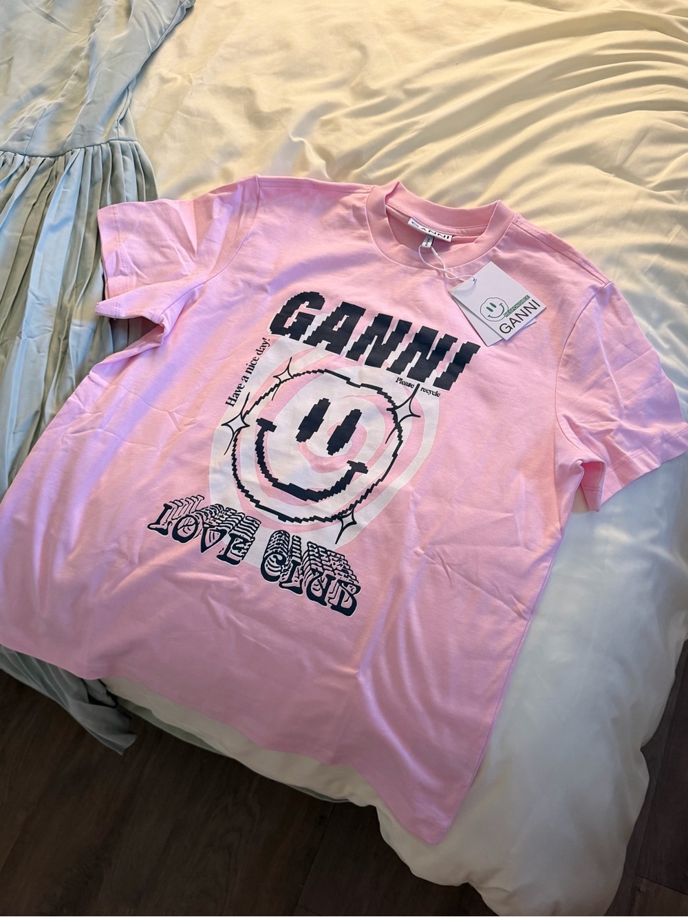 Ganni Pink Graphic 'Love Club' Tee with Black Print